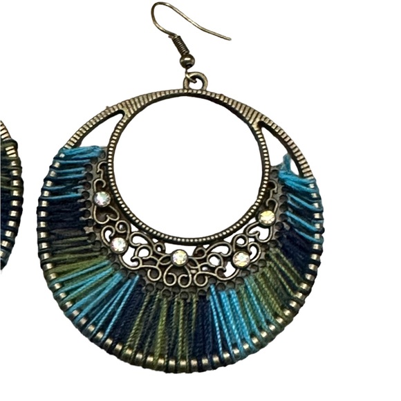 Boho Style Blue and Green Threaded Drop Hoop Earrings - Picture 3 of 5